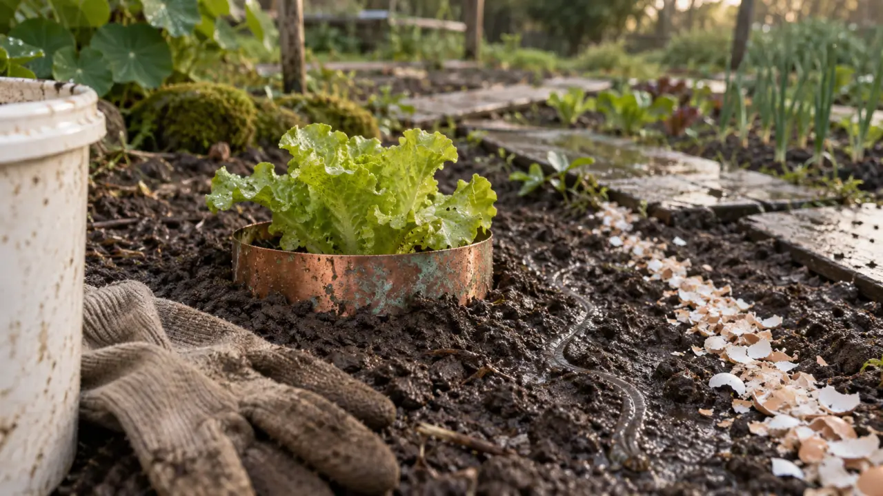 Répulsif naturel limace : ruban de cuivre protégeant une jeune salade après la pluie